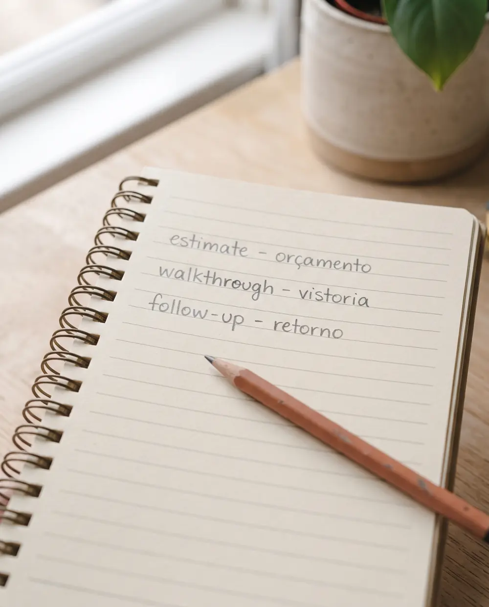Caderno com vocabulário de trabalho em inglês: estimate, walkthrough, follow-up