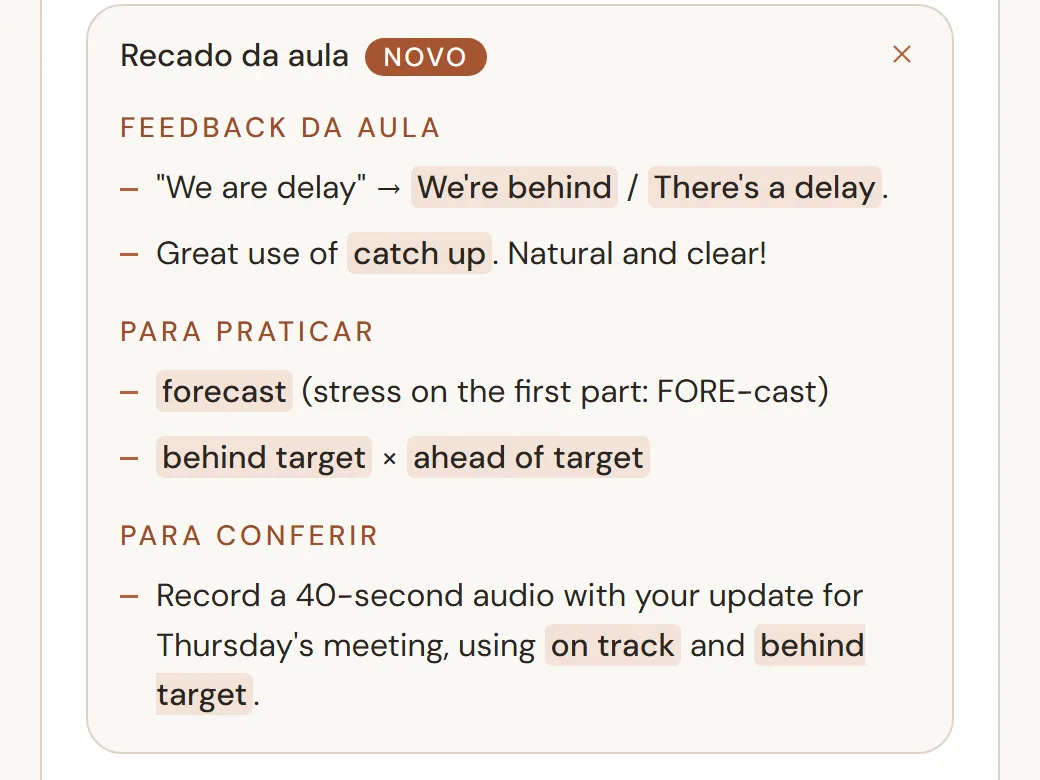 Recado da professora depois da aula, com feedback, o que praticar e o que conferir
