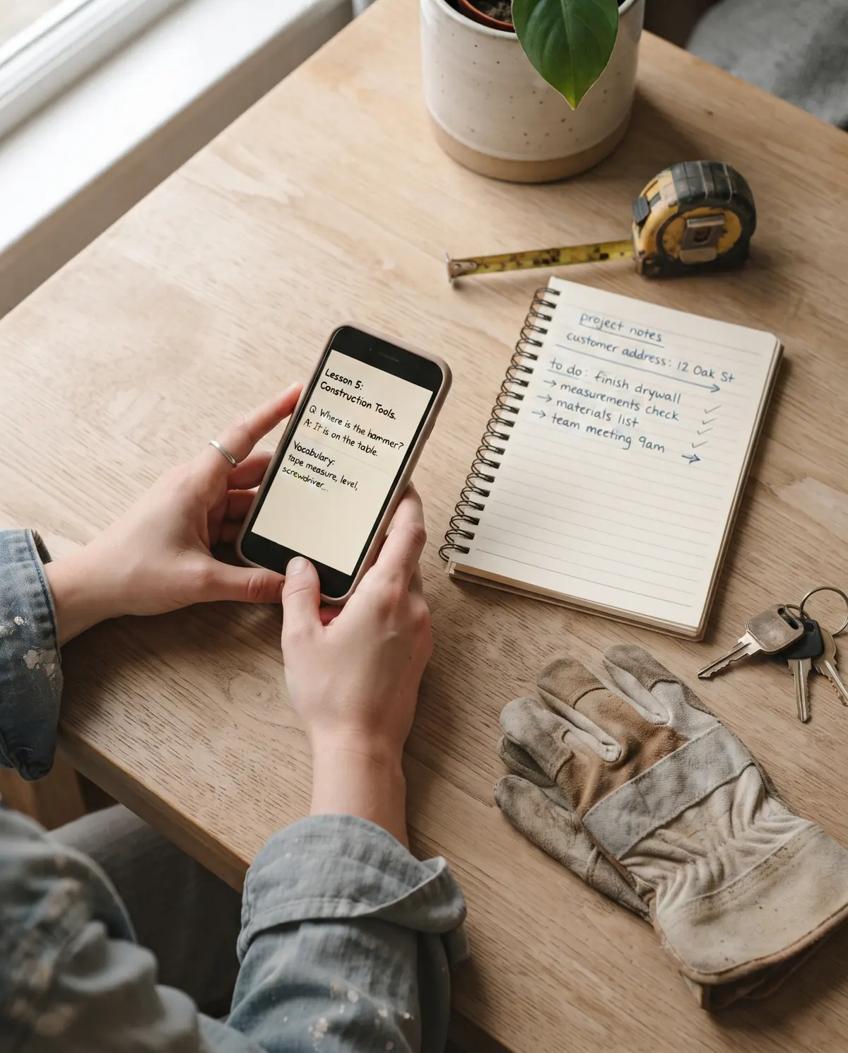 Mãos de um profissional segurando o celular com uma aula de inglês, ao lado de caderno, trena e luvas de trabalho